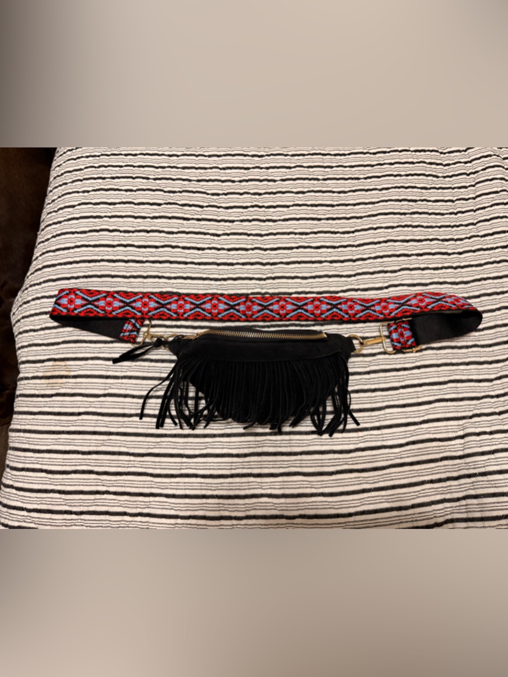 Fringe Crossbody Bag with Red Patterned Strap